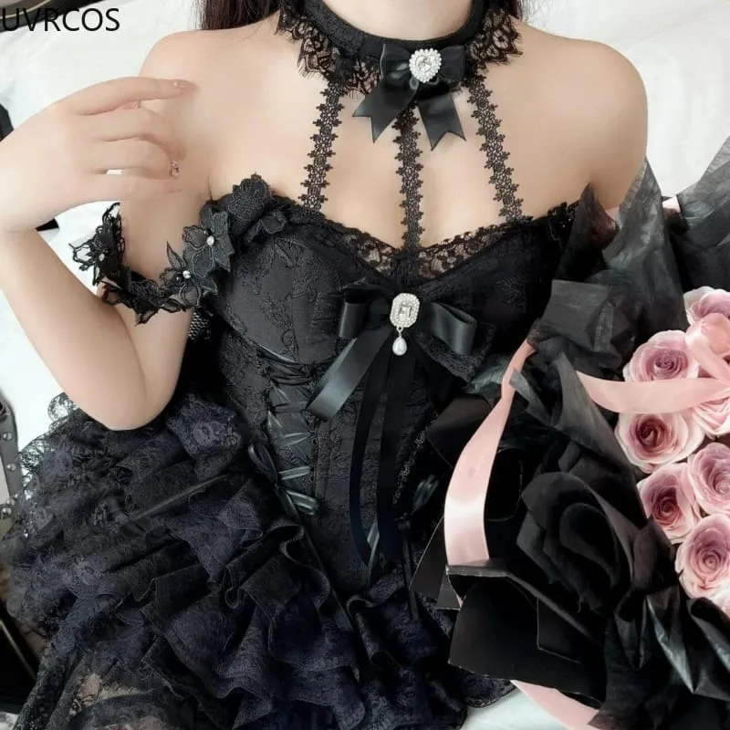 일본 빅토리아 스위트 로리타 드레스 여성 하라주쿠 Y2k 보우 레이스 홀터넥 넥 이브닝 파티 미니 드레스 카와이 블랙 레드 Deess — image 4