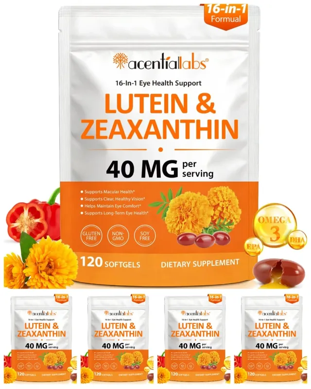 Acentiallabs Lutein Zeaxanthin Softgels 40mg Lutein & 8mg Zeaxanthin 120 Count Blue Light Filter Macular Protection Eye Care