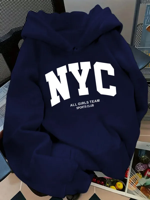Hoodie Tim New York Biru Laut Nyaman Musim Gugur/Musim Dingin Baru - Pullover Kasual Hoodie Gaya Jalanan Pasangan Lengan Panjang dengan POC