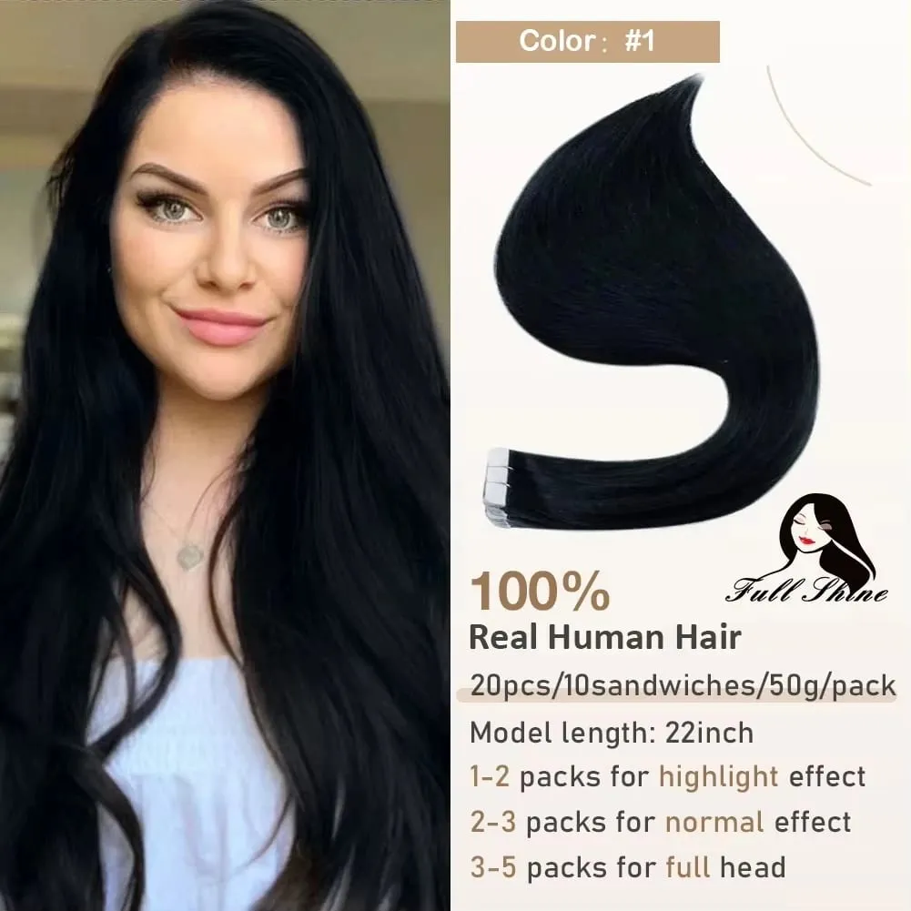 Full Shine Tape in Hair Extensions 20Pcs Skin Weft Remy Straight Hair Glue on Brazilian Hair for Women