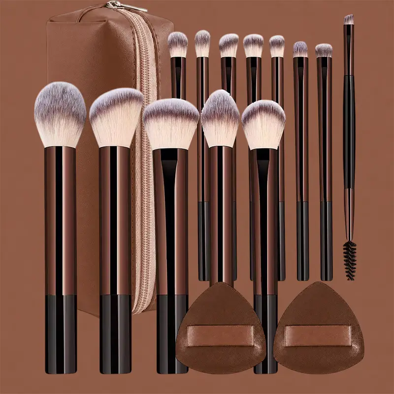 16PcsProfessional Makeup Brush Set With Bag and 2 Puffs Cosmetic Brush Set Metal Frame Multiple Brushes