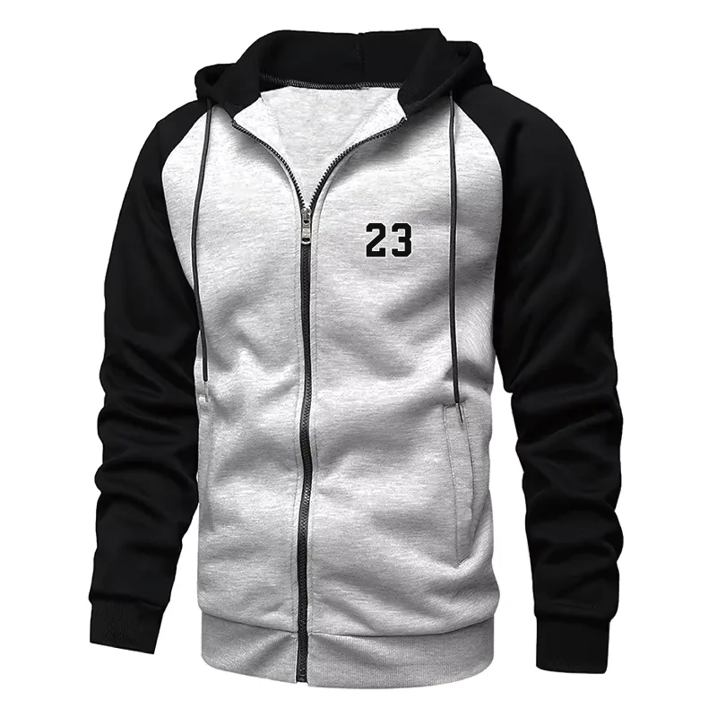 Lelaki Hoodies Bercetak Nombor 23 Baju Sweatshirt Lengan Panjang untuk Lelaki Bertudung Zip Lelaki Baju Sweater menyekat warna fesyen — image 5