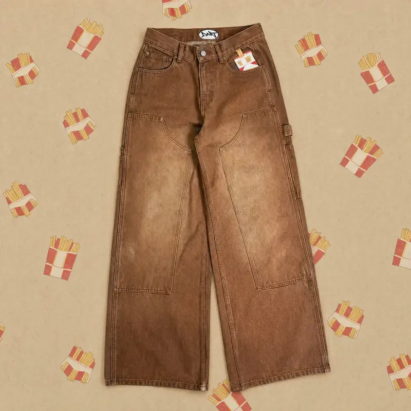 Streetwear Casual Brown Carpenter Jeans Men Women Heavy Pocket Embroidery Wide Leg Detail Fashion Pants Loose Fit Soft Y2K — image 2