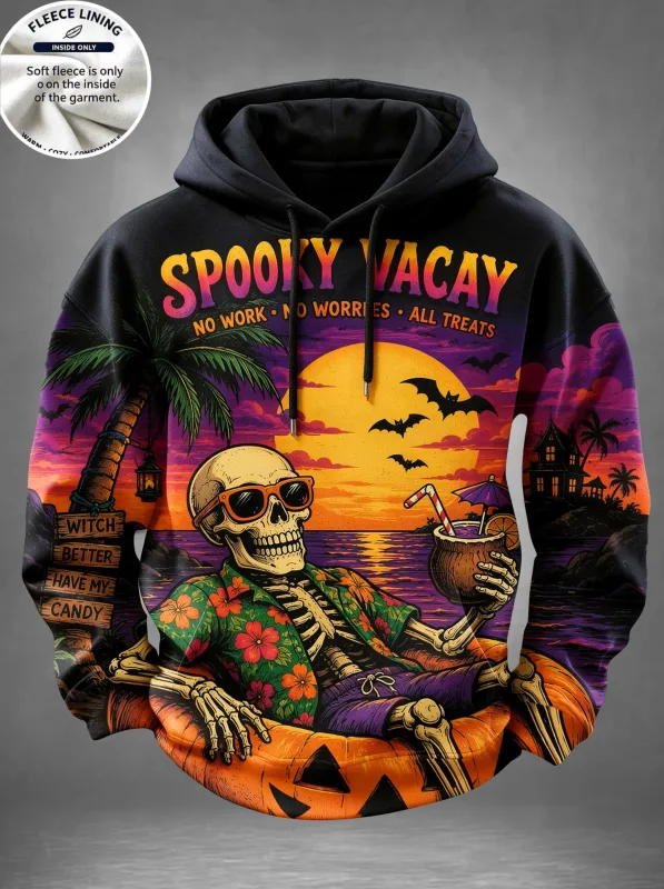 Men Fleece Lined Hoodie Halloween Skull Graveyard Pumpkin Print Pullover Hooded Sweatshirt Top — image 7