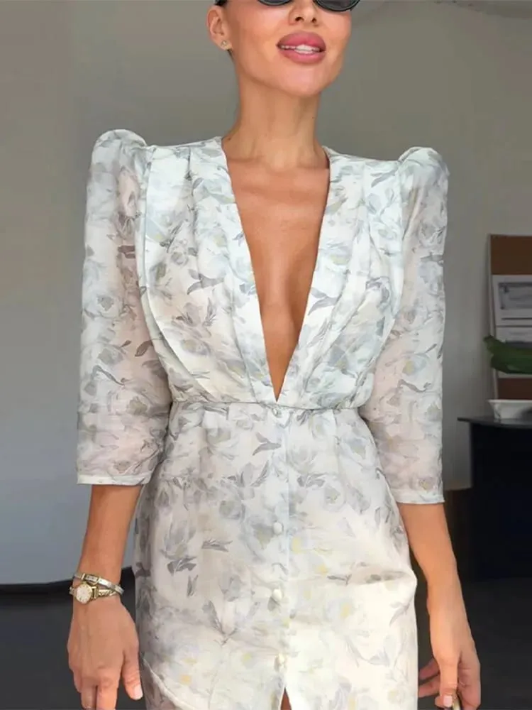 Elegant พิมพ์ชุดสตรี Organza ลึก V คอครึ่งแขนเอว Cinched จีบชุด 2026 ฤดูร้อน Lady Holiday Party Robe — image 3
