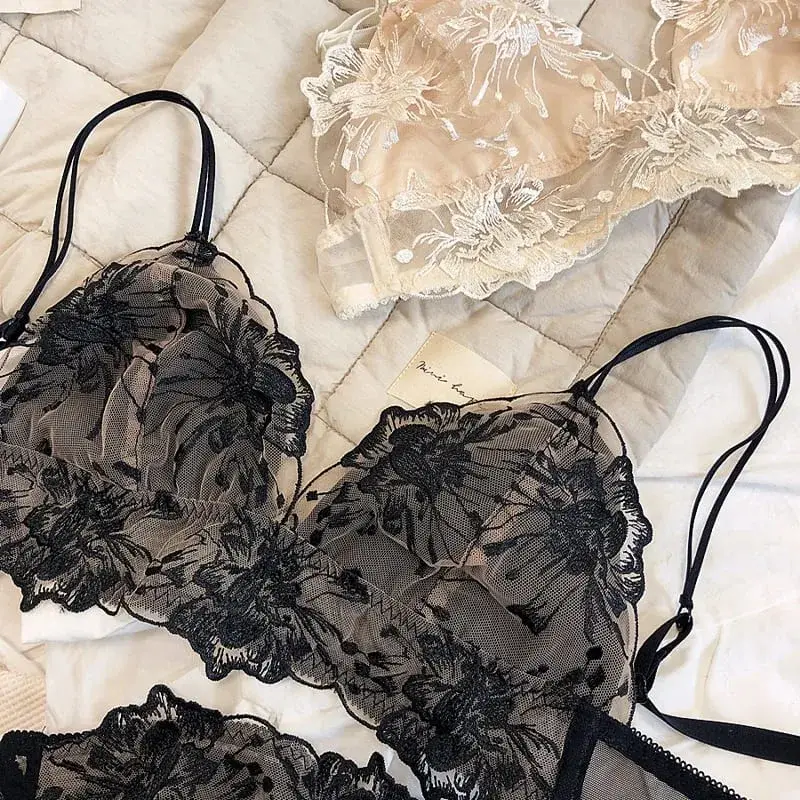 French Lace Flowers Embroidery Bra Set Sexy Ultra Thin Women Underwear New Triangle Cup Wire Free Bralette Romantic Lingerie Set — image 3