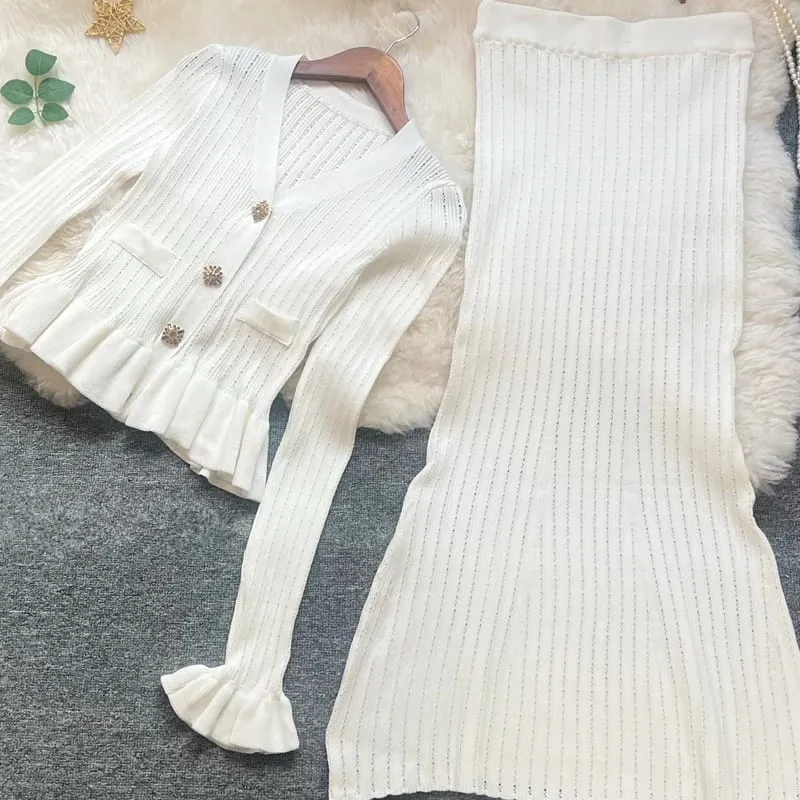 YuooMuoo marca de moda de una pieza de punto Maxi Vestido de mujer elegante con cuello en V con volantes cintura delgada ceñido al cuerpo suéter Vestido de fiesta