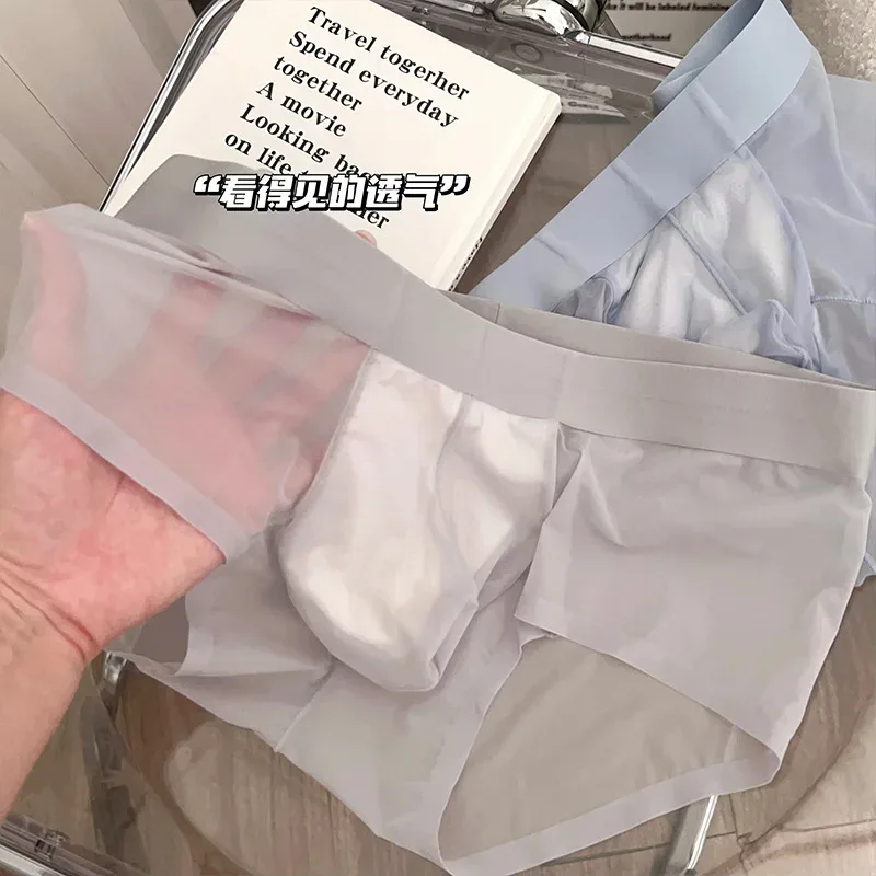 Cuecas masculinas transparentes ultra-finas de seda gelo calcinha de secagem rápida sexy u bulge bolsa homem roupa interior respirável cuecas — image 13