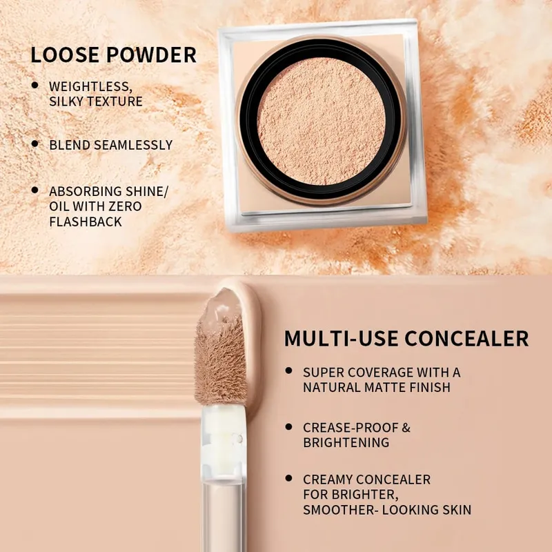 2ks sada na make-up na obličej s korektorem a sypkým pudrem na obličej s hladkým matným povrchem pro ženy, korejský make-up — image 7