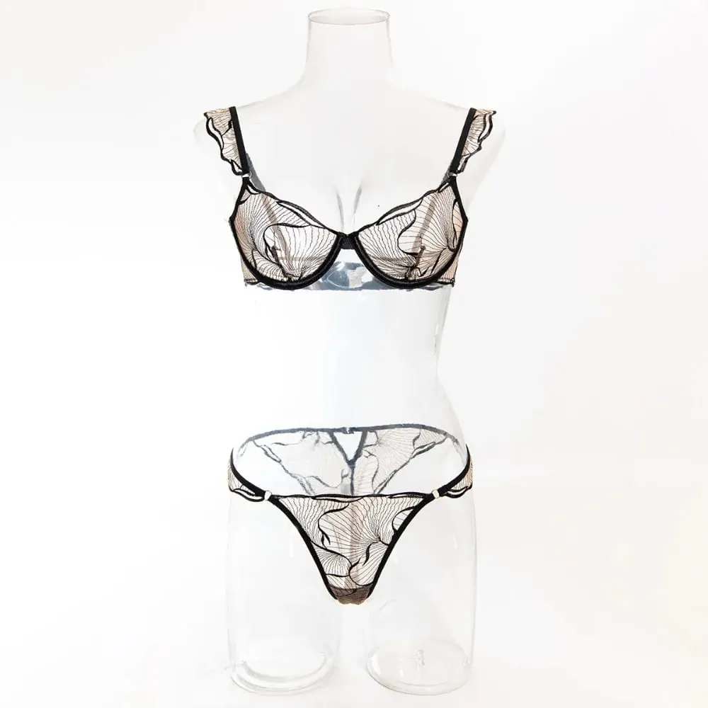 Ultra Thin French Floral Lace Bra Set Women Hollow Embroidery Minimizer Brassiere Soft Breathable Daily Lingerie 32-38ABC セクシーな — image 2