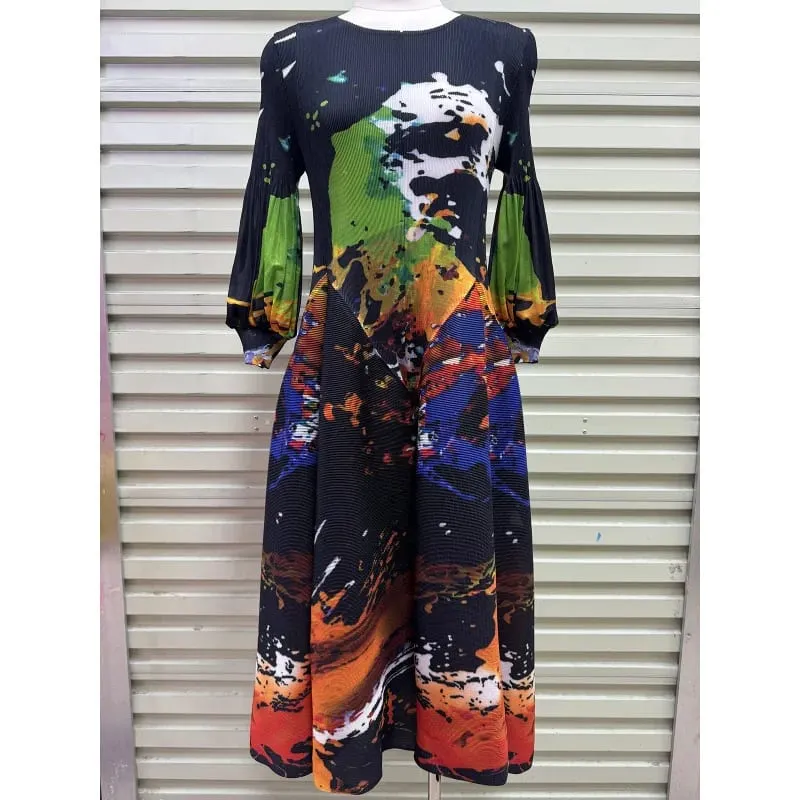 Miyake Plissee Kleider 2026 Herbst Neue Sanfte Französisch Druck Elegante Stretch Plus Größe frauen Langarm Bounce Blume Knospe kleid — image 10