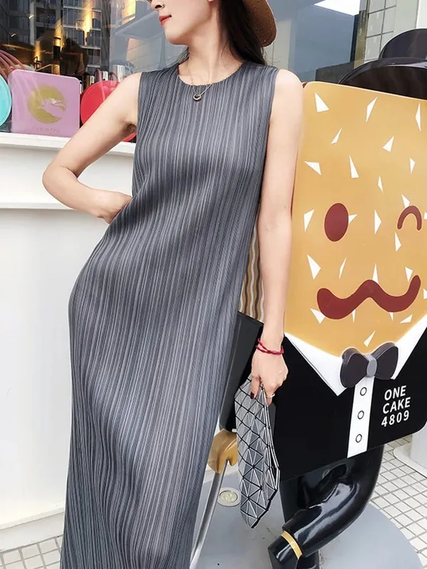 Miyake Plissee Frauen Kleid Sommer Ärmellose Lange Klassische Koreanische Mode Lässig Elegante Weibliche Lce Wasser Blau Strand Kleid TP5045 — image 3