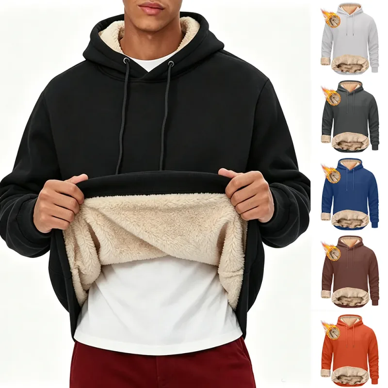 Winter Men's Warm Hoodies Sports Thick Sweatshirts Windproof Thermal Casual Solid Color Loose Long Sleeve Pullover Streetwear — image 5