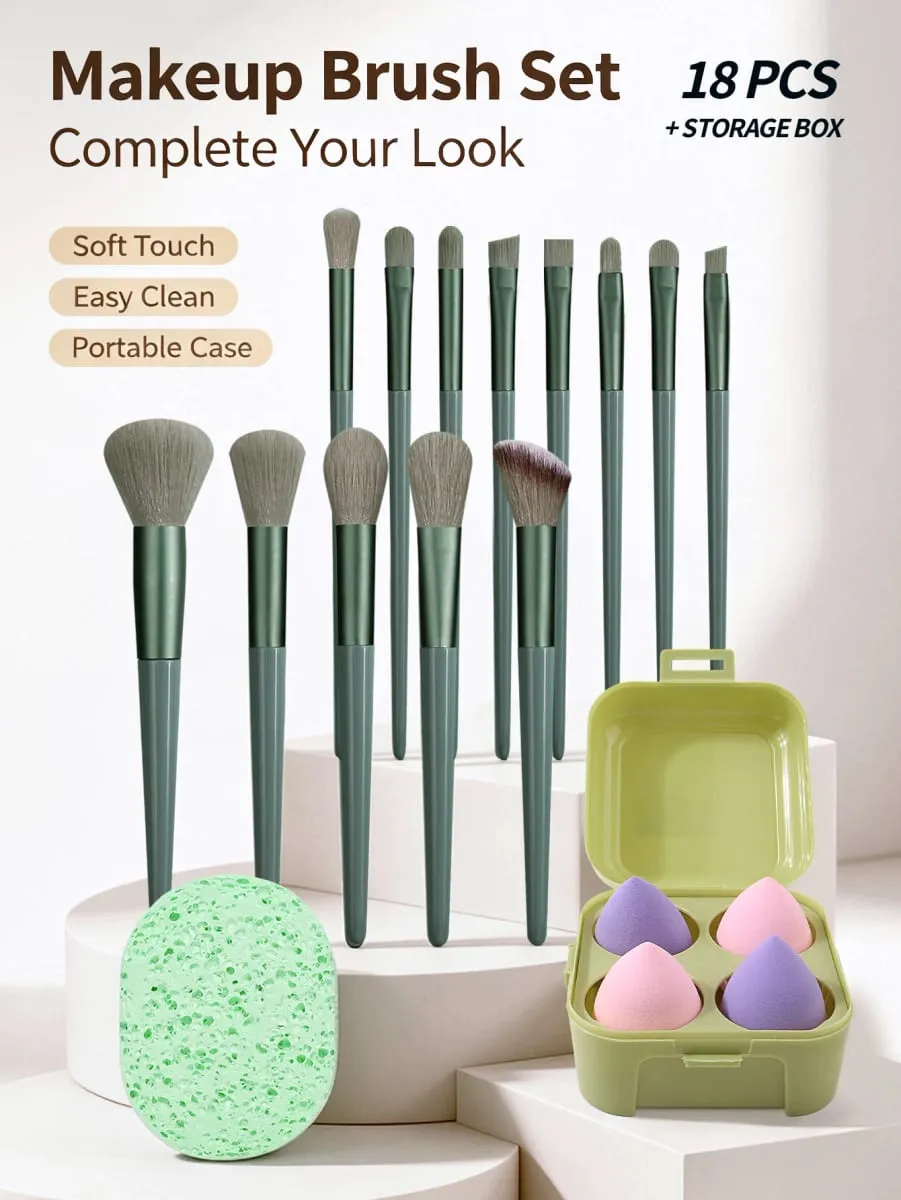 19Pcs Multifunctional Makeup Brush Set With Storage Box Soft Brushes With Makeup Puffs & Cleansing Sponge Complete Face Makeup — image 3