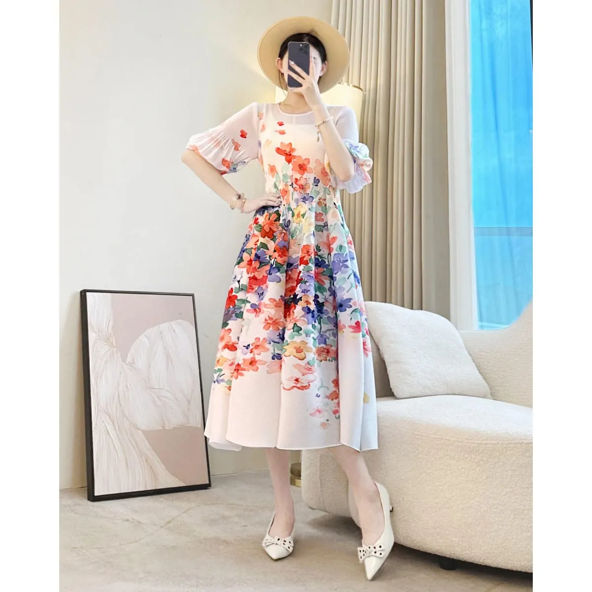 Miyake – robe plissée à imprimé Floral pour femmes, élégante, Chic, col rond, manches lanternes, élastique, ample, décontractée, nouvelle collection — image 2