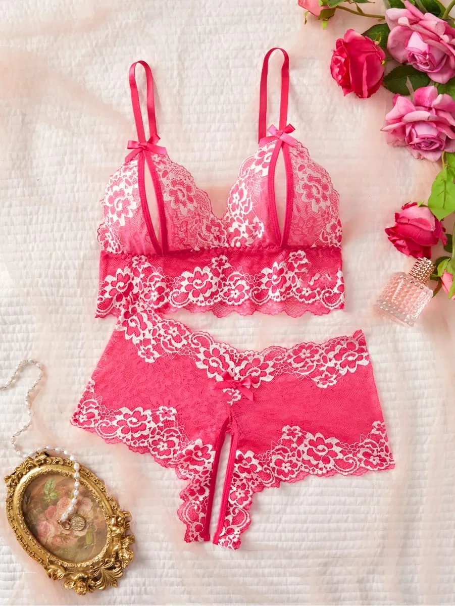 4 Sets Combined Romantic Lingerie Open Bra Transprent Underwear Set Crotchless Lace Pullover Outfits Embroidery No Pad Wireless — image 4