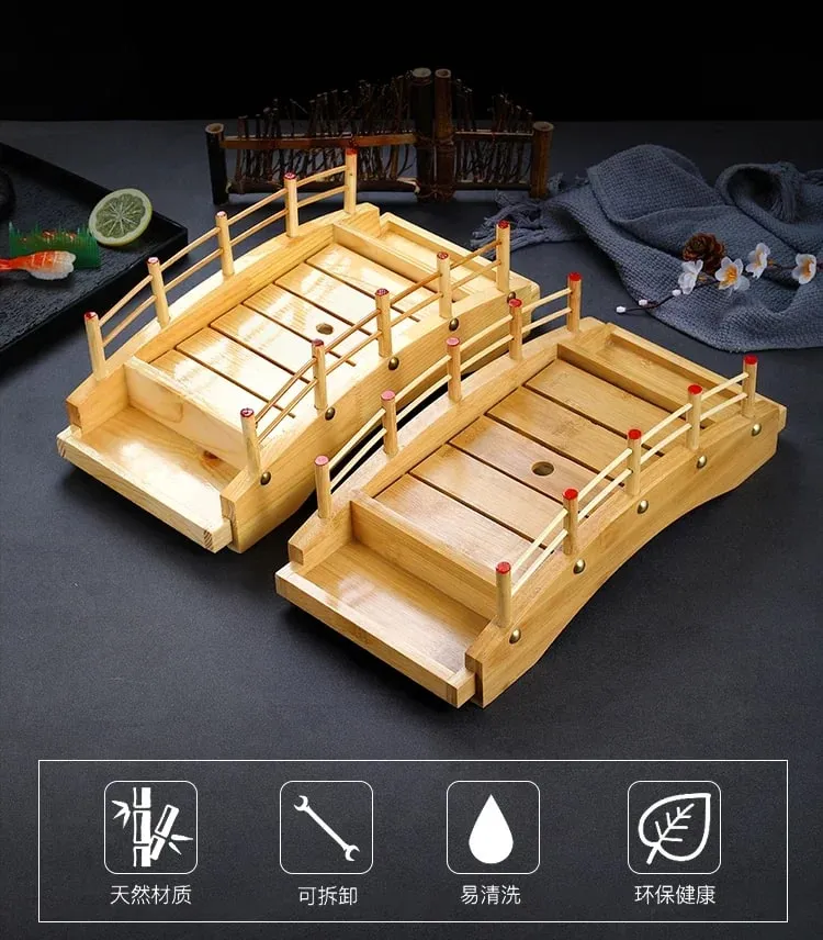 Japanese sushi boat bamboo boat Wooden boat bamboo arch bridge tableware Sashimi platter Dry ice platter sushi plate — image 6