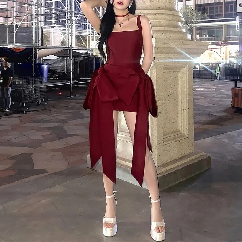 Fashion Red Bowknot Mini Dress Straps Square Collar Sleeveless Backless Vintage Cute Ladies Slim Party Short A-line Dresses — image 5