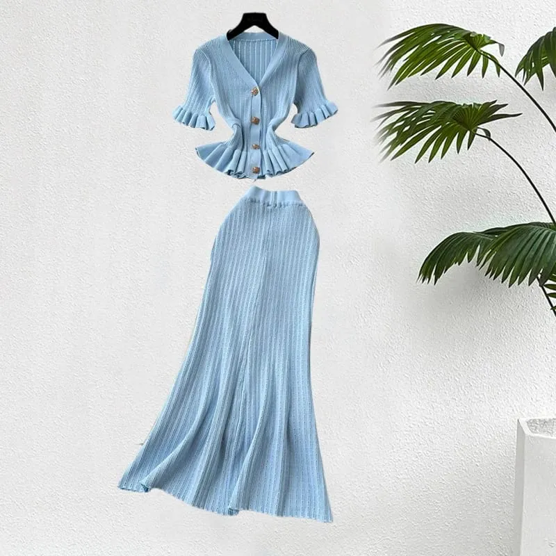 YuooMuoo marca de moda de una pieza de punto Maxi Vestido de mujer elegante con cuello en V con volantes cintura delgada ceñido al cuerpo suéter Vestido de fiesta