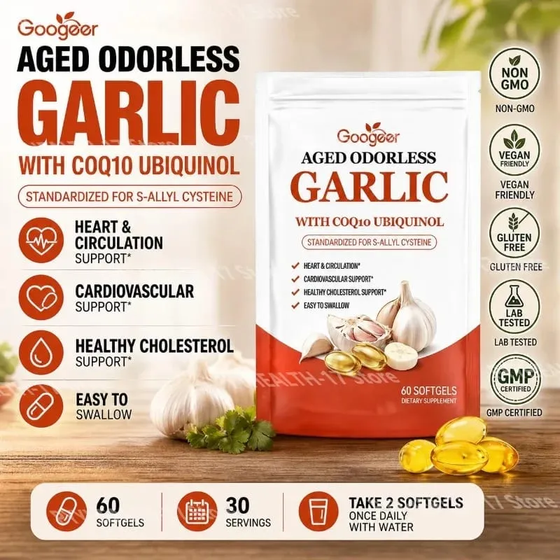 Cápsulas gelatinosas de alho inodoras envelhecidas Googeer com CoQ10 Ubiquinol Vitamina K2 (MK-7) para circulação e suporte ao colesterol 60 cápsulas gelatinosas — image 1