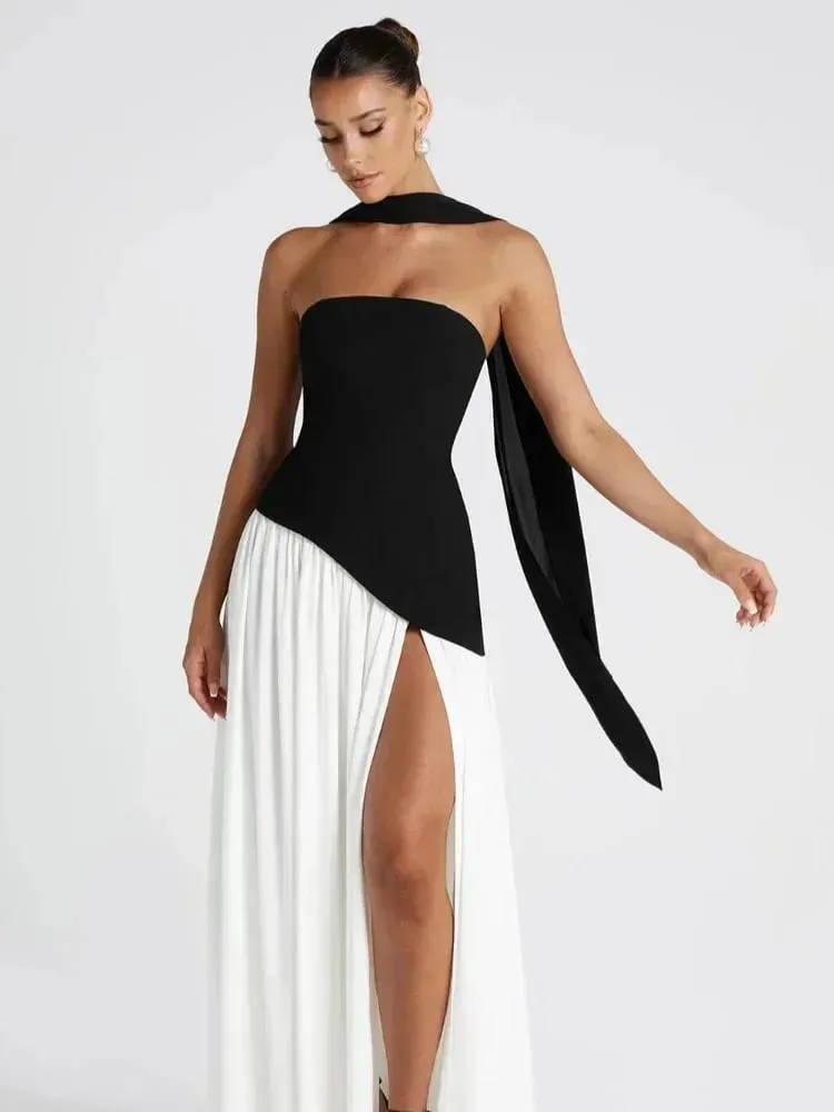 Maxivestido liso empalmado con cinta para mujer, Vestidos largos elegantes sin tirantes y sin mangas con abertura, novedad de 2025, Vestidos de fiesta de verano para mujer