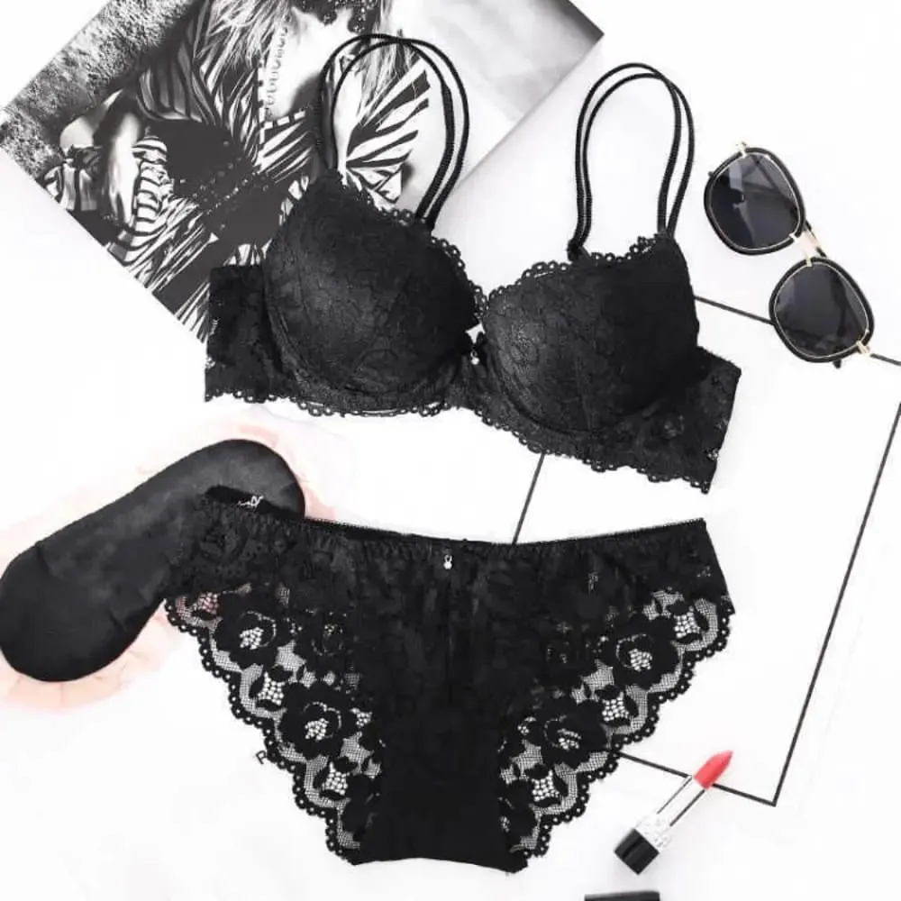Fashion Mesh Lace Flower Bra Bowknot Non Slip Push Up Bra Women Lingerie Low Waist Seamless Underwear Set Beach