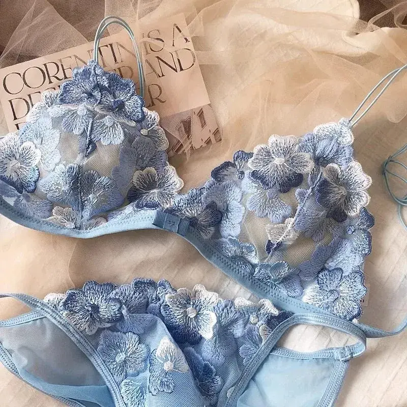 French Niche Lingerie Set Embroidered Mesh Triangle Cup Wireless Bralette Retro Lace Thin Sexy Comfortable Bra USA Tushy MOYISU — image 8