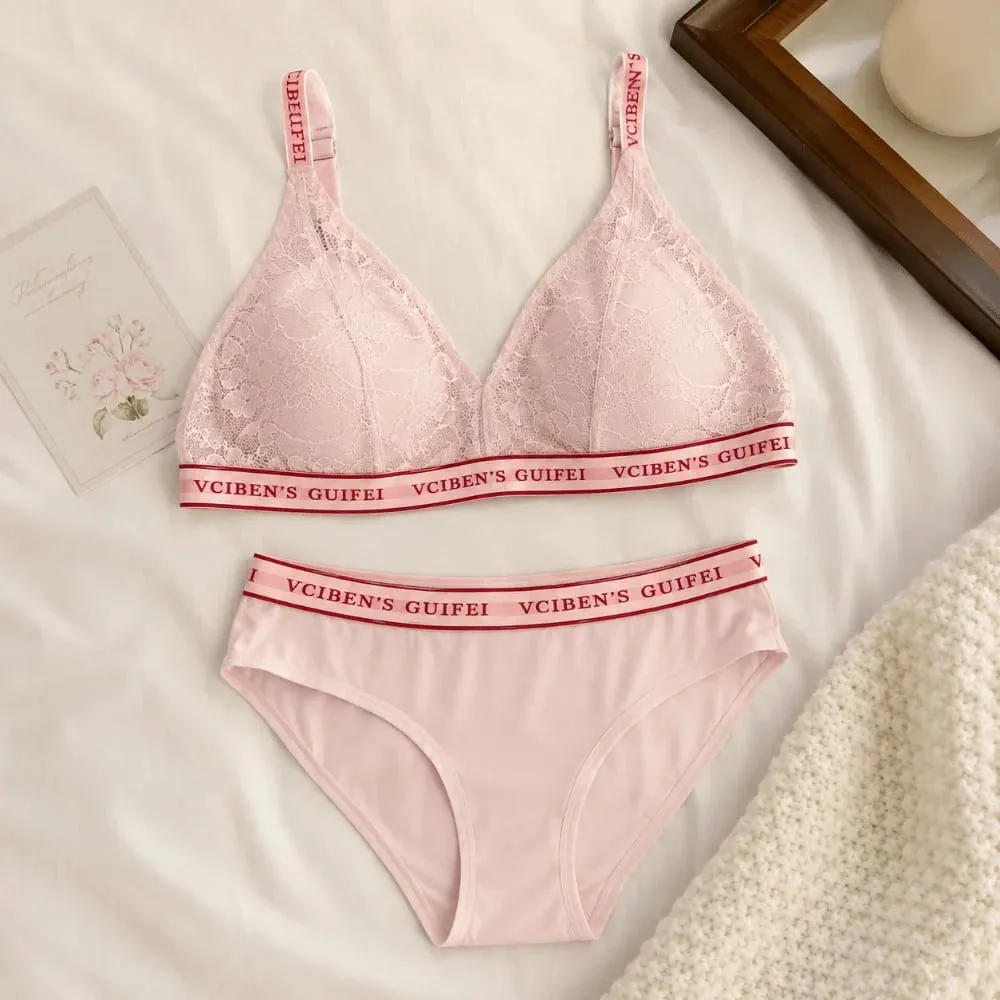 Breathable Letter Design Lingerie Set Deep V Lace Women Underwear Suit Color Blocking Wireless Bra Panties Set Famle — image 4