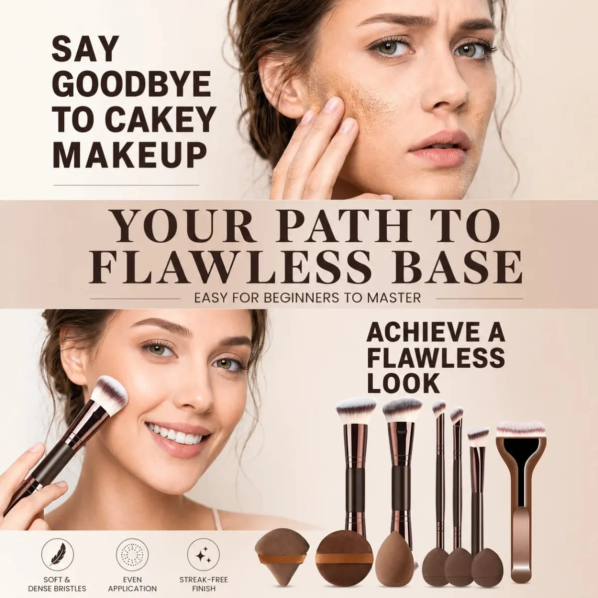 12-teiliges Make-up-Pinsel-Set mit 6 flachen und runden Pinseln und 6 Schwämmen für Foundation, Puder, Rouge und Lidschatten — image 2