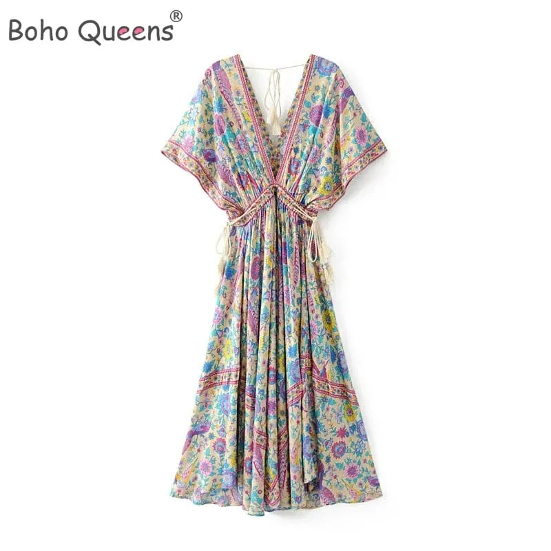 Boho Queens Wanita Merak Bunga Cetak Lengan Kelawar Pantai Bohemian Maxi Gaun Wanita V Leher Rumbai Gaun Musim Panas Vestidos — image 2
