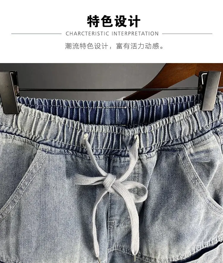 Pakaian jalanan Mewah Musim Gugur baru Korea Harajuku Stretch Lelaki Slim Solid Denim Kasual Seluar Pensel Seluar Jeans longgar kargo lelaki — image 8