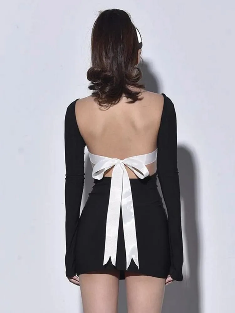 Backless Sexy Bodycon Dress Para sa mga Babae Club Outfits Tie Bow Vestidos De Mujer Long Sleeve Streetwear Black One Piece Y2k na Damit — image 6
