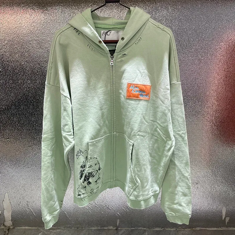 Washed Graffiti PALY Hoodies Men Woman Vintage Damaged Hole Old New Autumn Winter Zipper Hooded Pullovers Sweatshirts — image 8