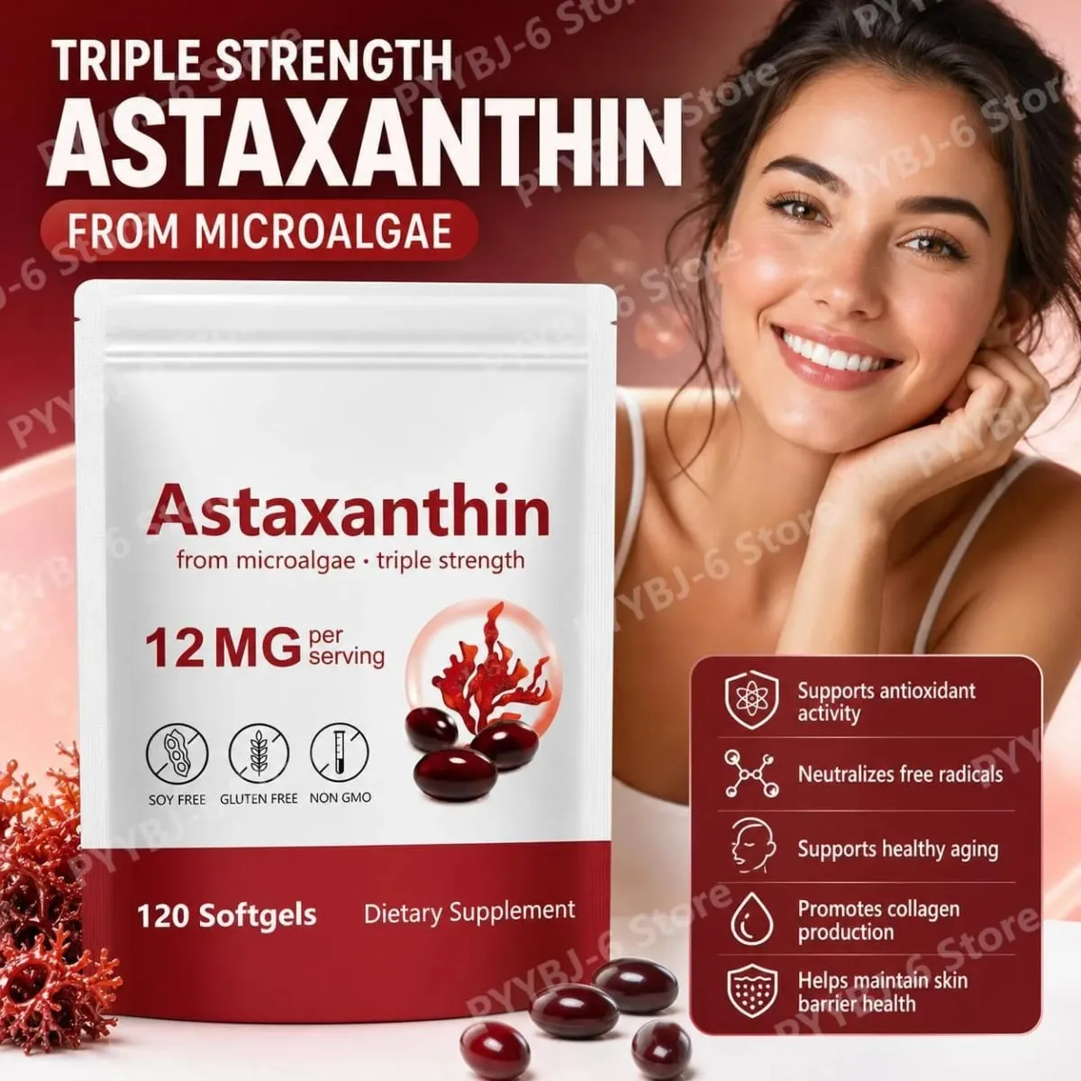 Astaksantin Softgeller Mikroalglerden Üçlü Güç Sağlıklı Yaşlanmayı Destekler Kolajeni Destekler Cilt Bariyerini Destekler 120 Softgels — image 3