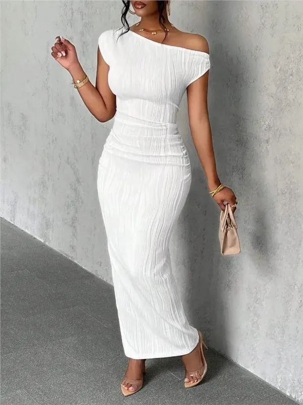 Módní vlnité šaty se šikmými rameny Dámské elegantní a jednoduché jednobarevné límec do áčka Mid pasem Sexy zavinovací sukně