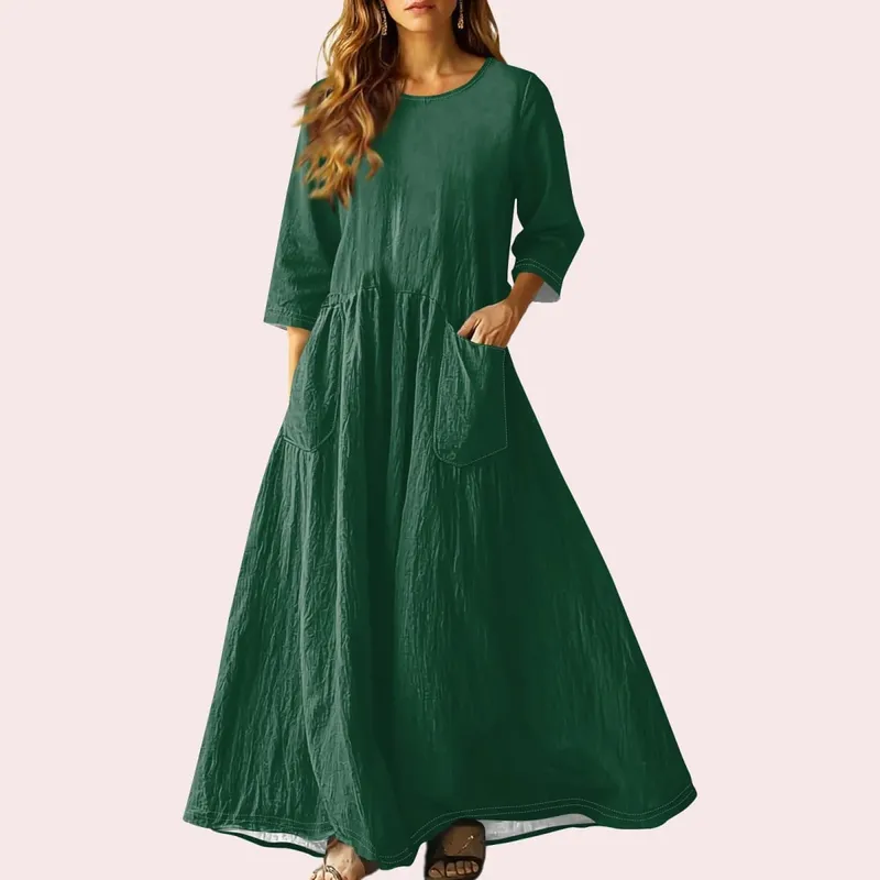 Women's Summer Loose Long Dresses Solid Color Three-quarter Sleeve Double Pocket Dress Loose Round Neck Linen Dress Vestidos — image 13