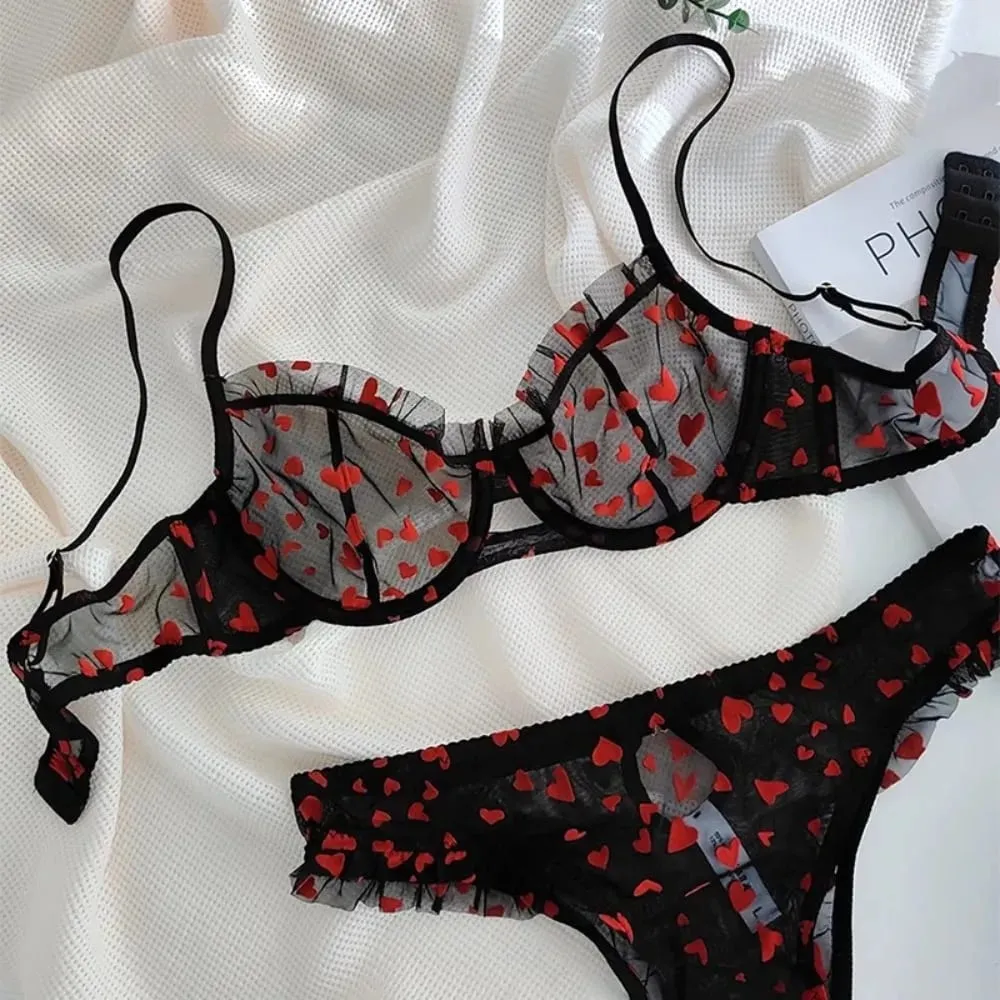 Women Heart Pattern Lace Underwire Bra Set Light Mesh Support Daily Intimates Lingerie Underwear Size 32‑38AB Women — image 2