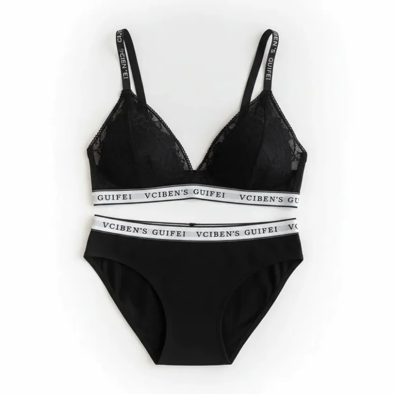 Breathable Letter Design Lingerie Set Deep V Lace Women Underwear Suit Color Blocking Wireless Bra Panties Set Famle — image 7