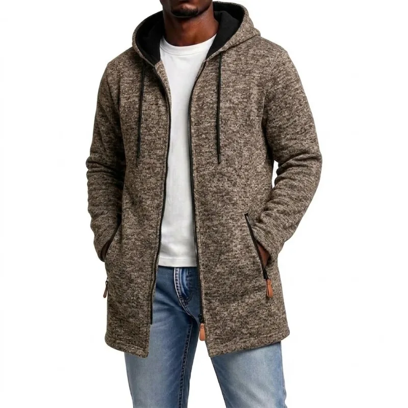 New Men's Zip Up Hoodie Casual Mid-Length Sweatshirts Fleece Jacket Warm Winter Hooded Trench Coat Outerwear with Zipper Pockets — image 3