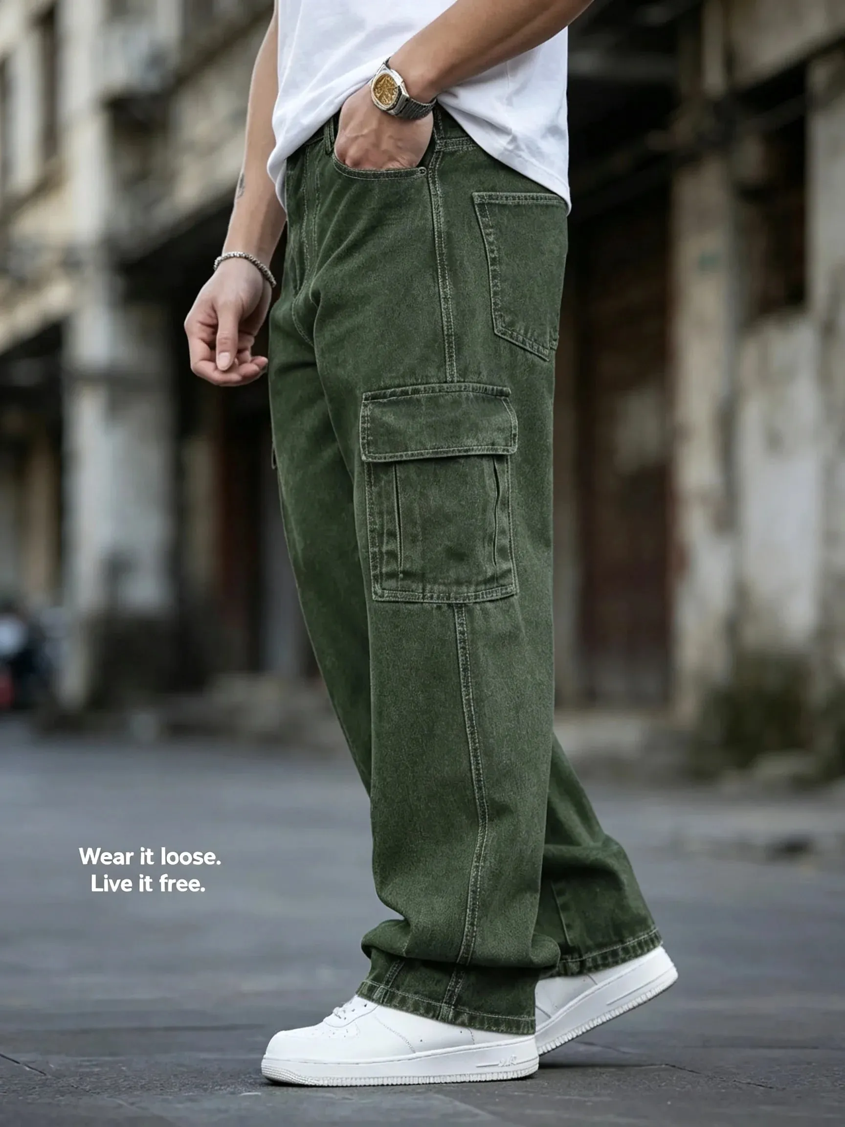 Men Baggy Cargo Jeans Retro Army Style Loose Fit Multi‑Pocket Denim Trousers Men's Casual Daily Outdoor Street Work Pants — image 1