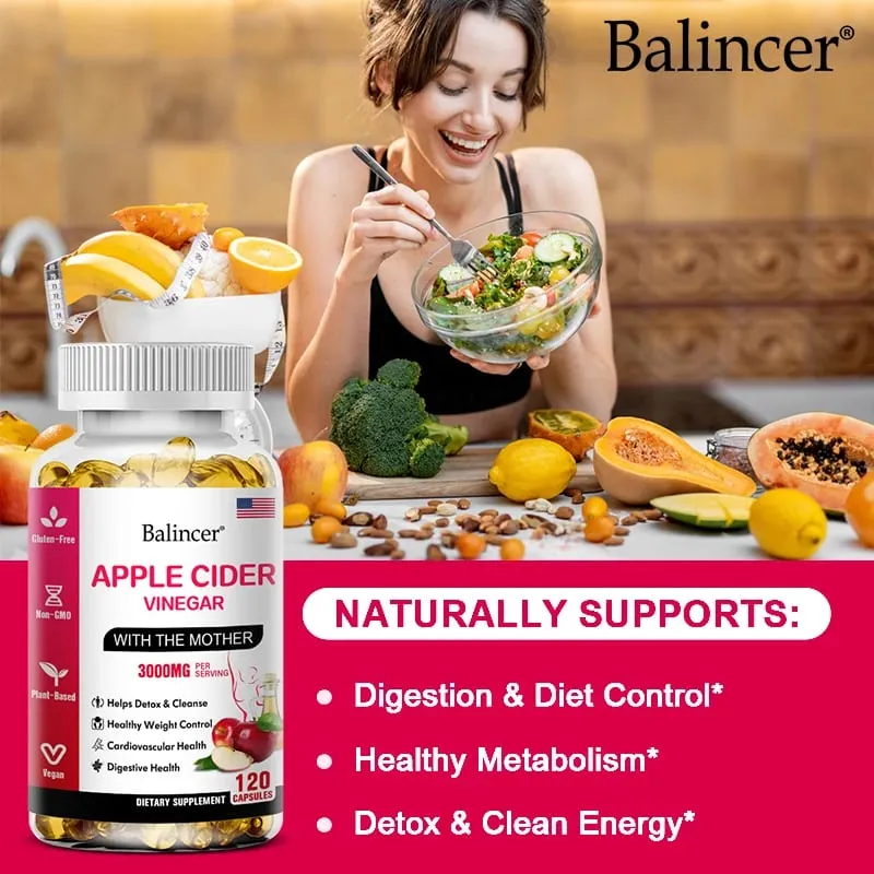 Balincer Ocet jabłkowy w kapsułkach 3000 mg Detox i oczyszczanie Spalanie tłuszczu Zdrowy suplement regulujący wagę Bez GMO — image 4