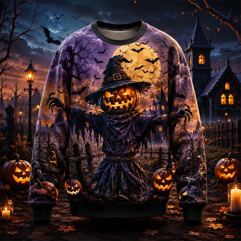 2026 New Pumpkin Print Halloween Sweatshirts Fashion Trendy Long Sleeve Holiday Wear Sweater Loose Streetwear Hip Hop Pullovers — image 3