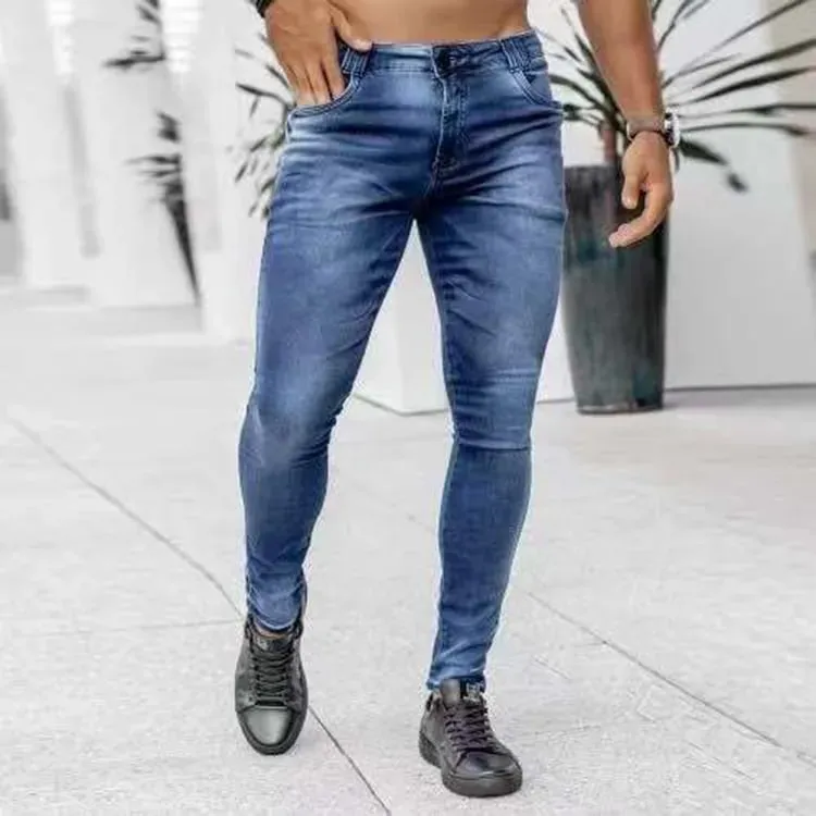 Men High Waist Skinny Jeans Stretch Pencil Pants Solid Color Ins Trendy Street Slim Fit Denim Trousers Male Casual Pants — image 4