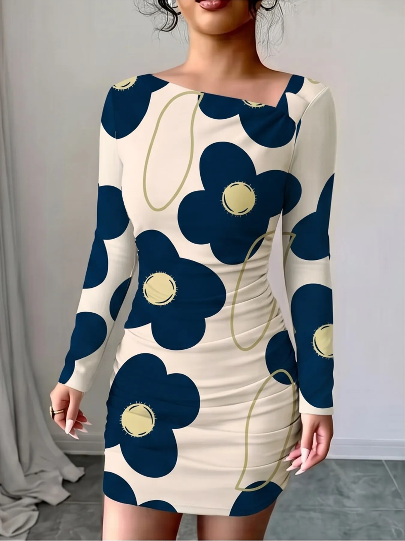 Women's Casual Comfortable Slanted Shoulder Collar Dress with Flower Print Long Sleeves Waist Bag Hip Mini Skirt Length — image 4
