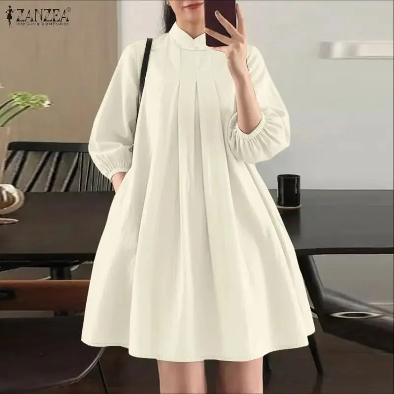 Letní dámské elegantní plisované šaty s límečkem s 3/4 nabíraným rukávem zmačkané šaty ke kolenům ležérní róby Femme — image 1