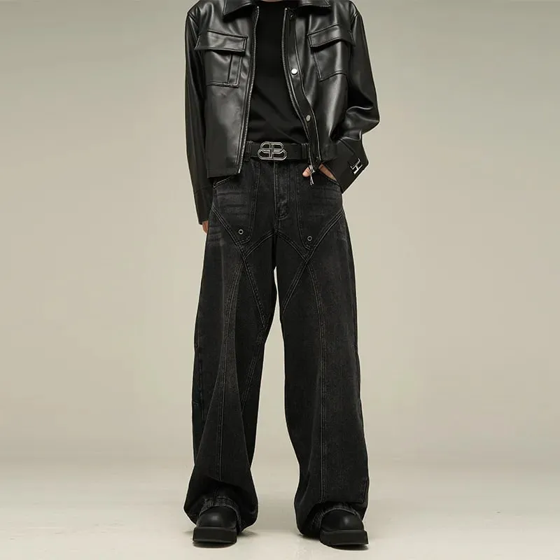 Vintage Black Washed Baggy Jeans Geometric Stitched Seam Wide Leg Denim Pants Y2K High Waist Loose Streetwear Trousers Men Women