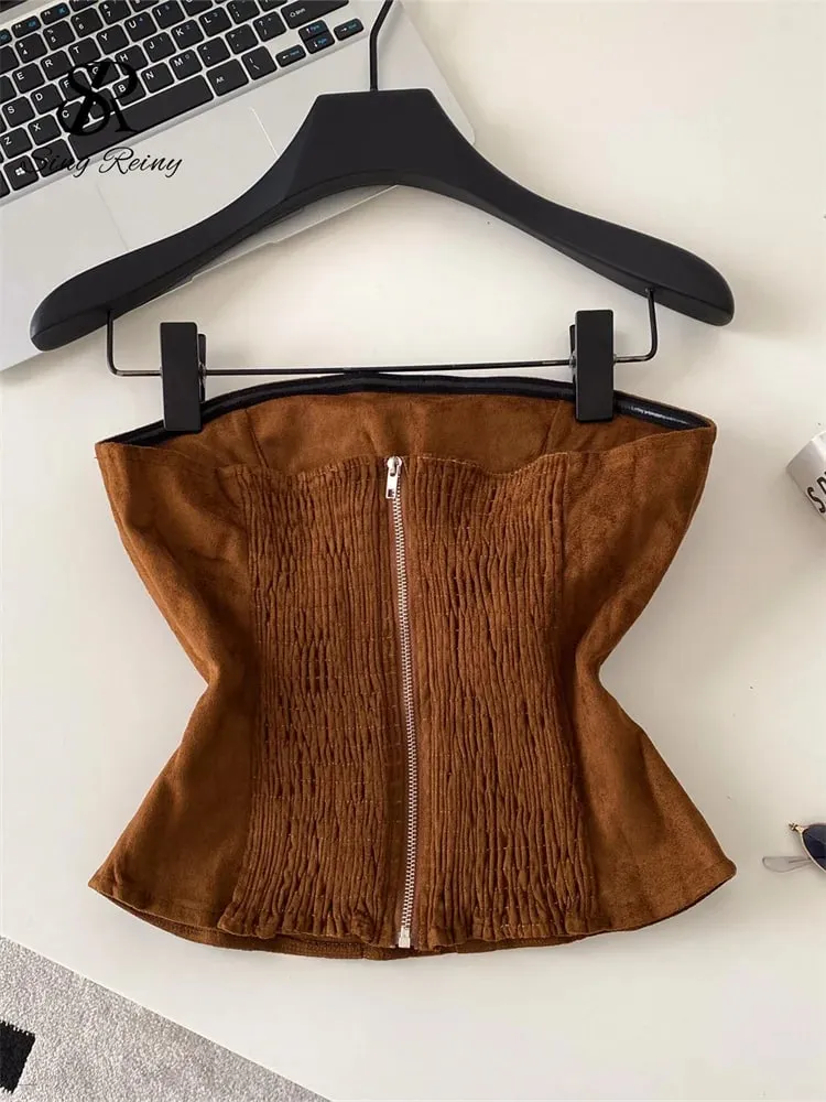 Fake Suede Senior Vintage Tank Top Autumn Female Metal Button Bodycon Top French Sensual Chic Commute Party Camisole — image 6