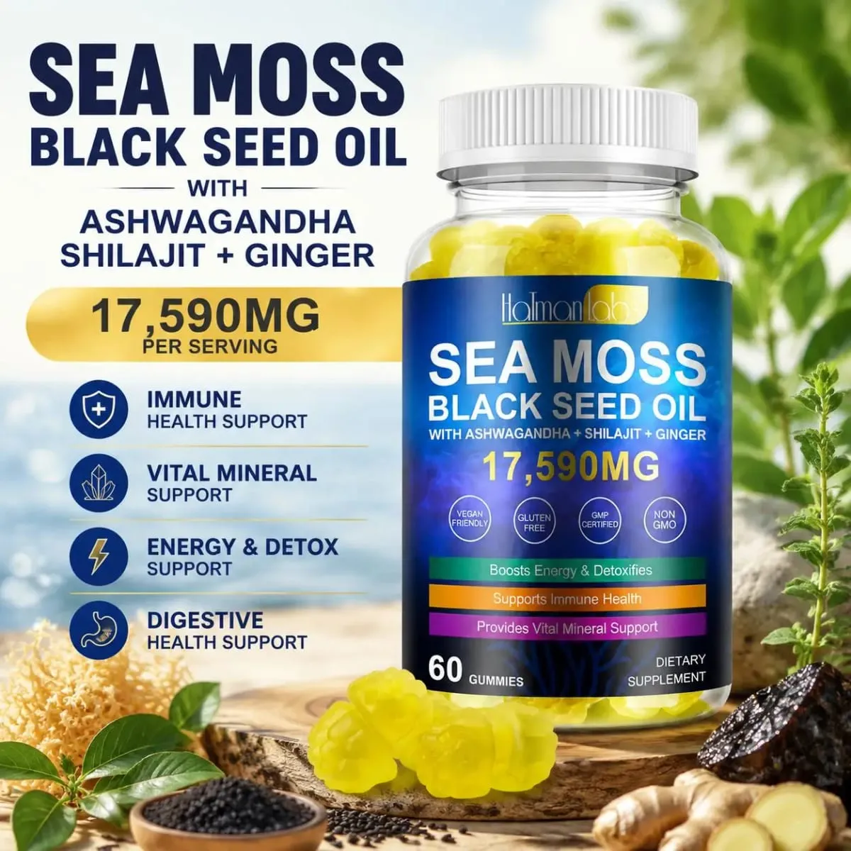 HalmanLabs Gomitas de aceite de semilla negra de musgo marino con vitamina C y vitamina D para la salud inmune y apoyo mineral vital 60 gomitas — image 2