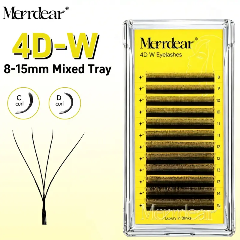 Merrdear 4D W 여성용 속눈썹 확장 8-15mm 혼합 트레이 C/D 컬 가짜 속눈썹 4D W 자형 눈 속눈썹 자연 데일리 메이크업