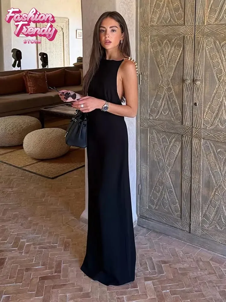 Gaun Maxi Potongan Sisi Tanpa Belakang Halter Pepejal Wanita Stretch Jersey Lantai Panjang Gaun Bodycon Slim Jubah Percutian Kelab Malam